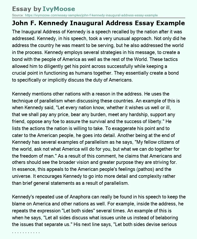 John F. Kennedy Inaugural Address Essay Example