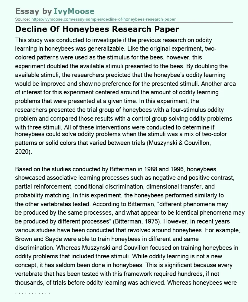 Decline Of Honeybees Research Paper