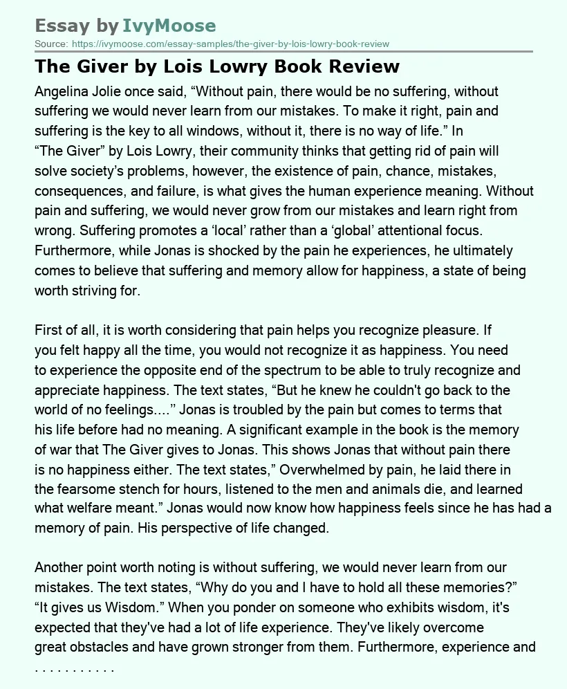The Giver by Lois Lowry Book Review