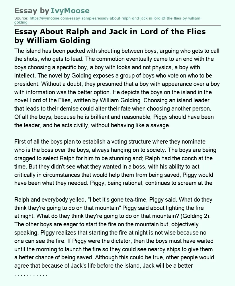 Essay About Ralph and Jack in Lord of the Flies by William Golding