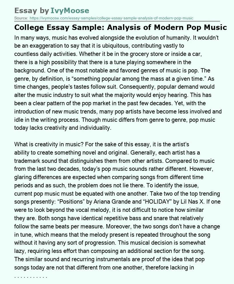 College Essay Sample: Analysis of Modern Pop Music