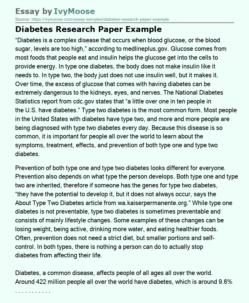 Diabetes Research Paper Example