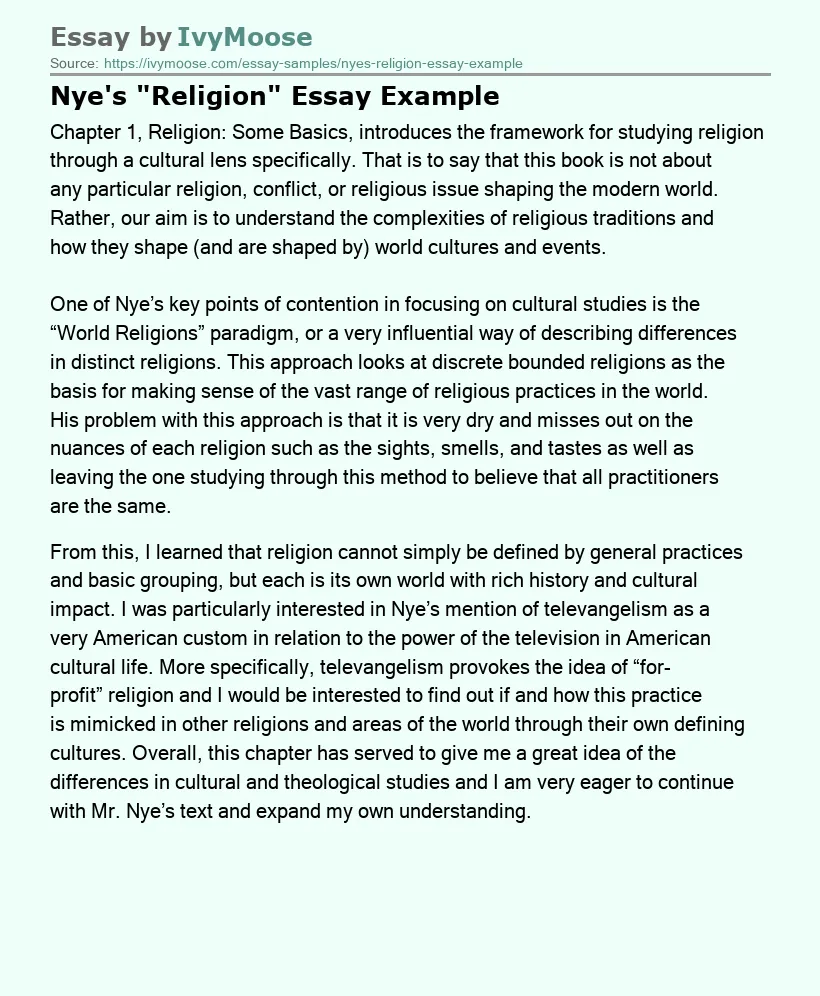 Nye's "Religion" Essay Example