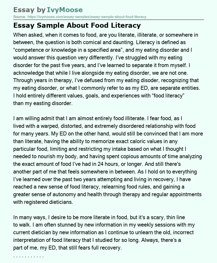 Essay Sample About Food Literacy