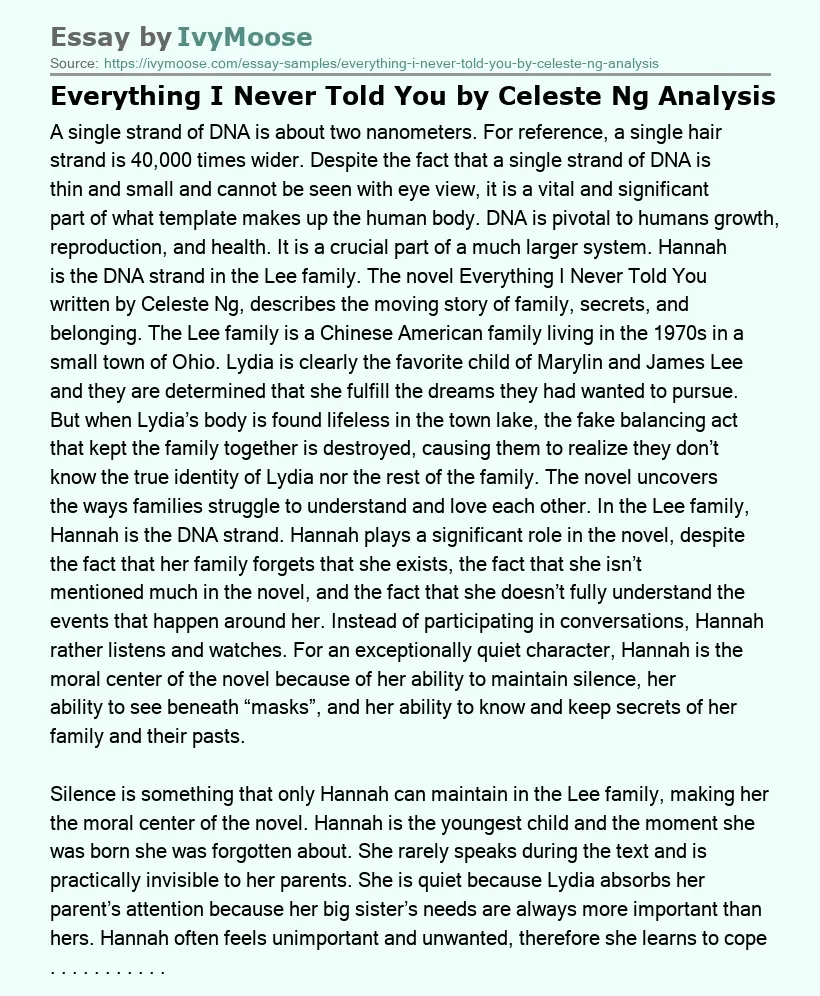 Everything I Never Told You by Celeste Ng Analysis
