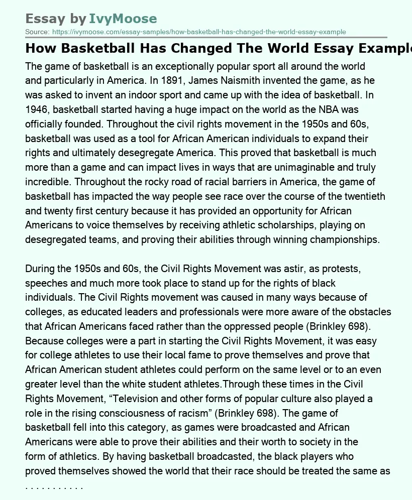 How Basketball Has Changed The World Essay Example