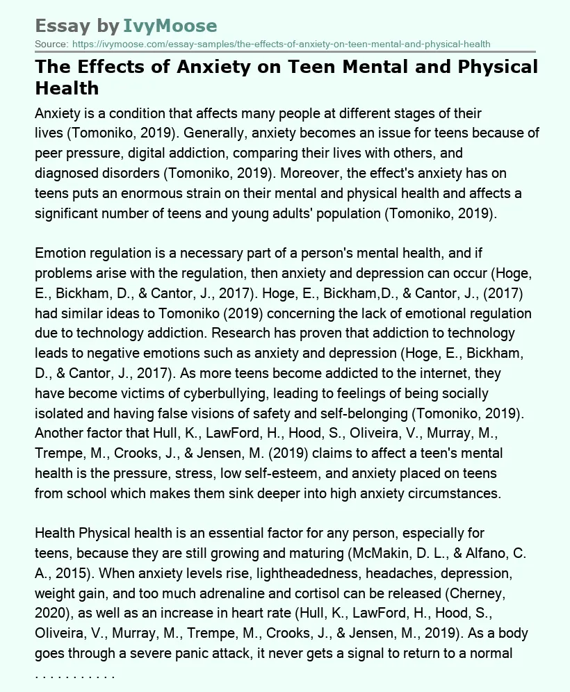 The Effects of Anxiety on Teen Mental and Physical Health