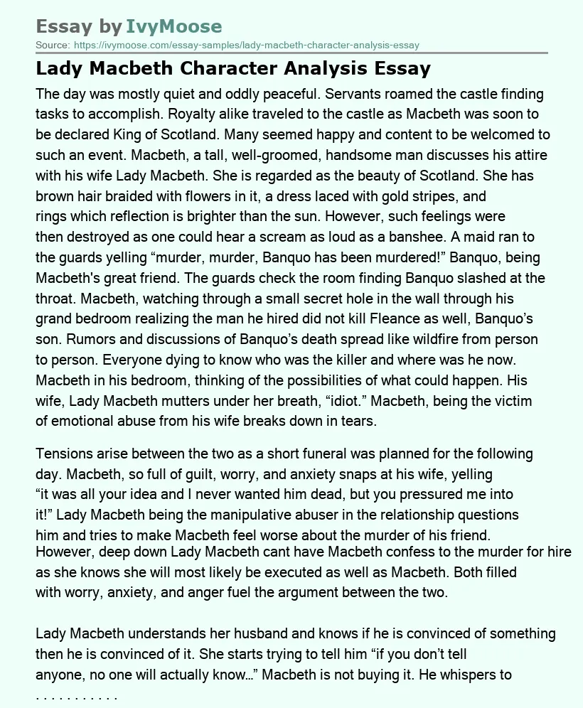 Lady Macbeth Character Analysis Essay