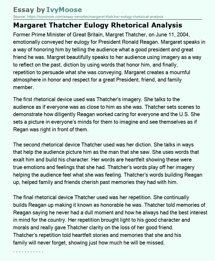 Margaret Thatcher Eulogy Rhetorical Analysis