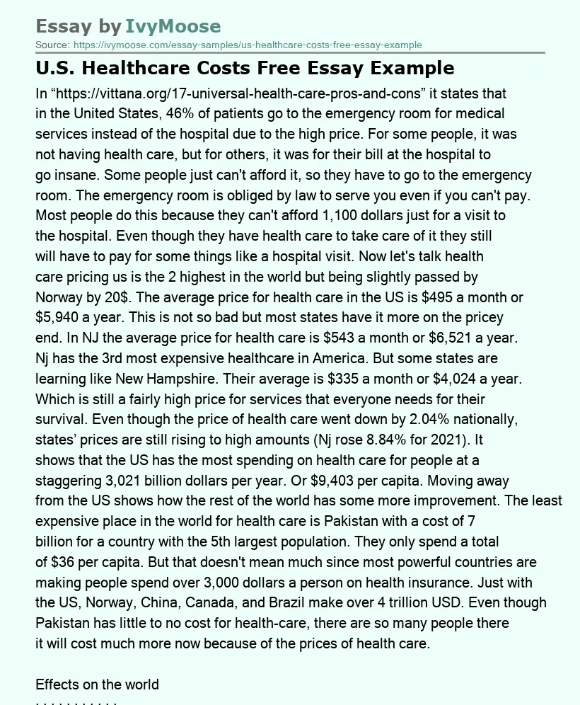 U.S. Healthcare Costs Free Essay Example