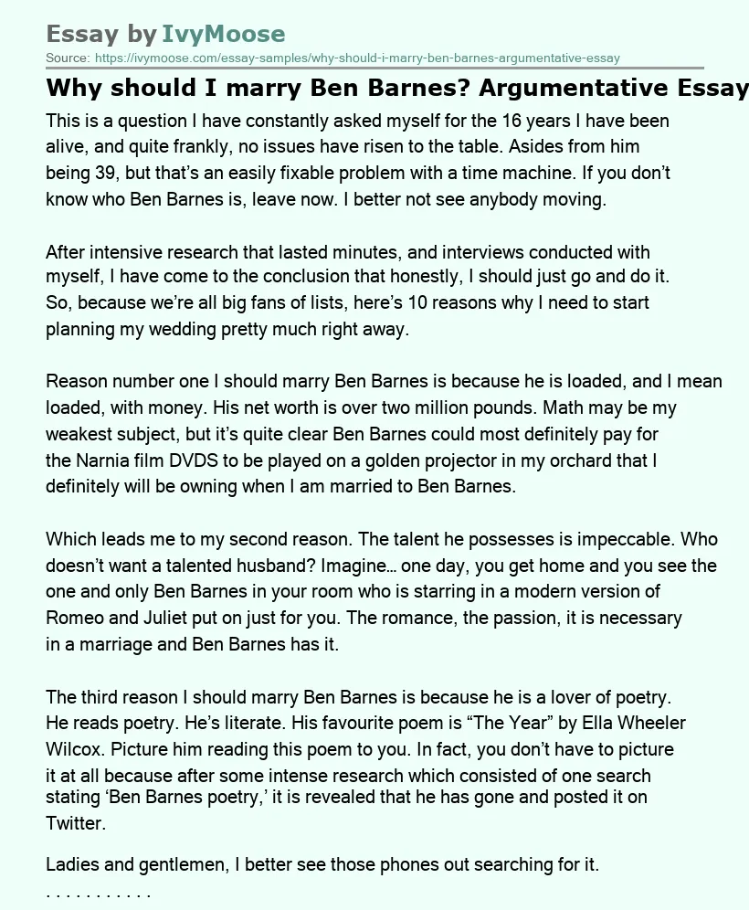 Why should I marry Ben Barnes? Argumentative Essay