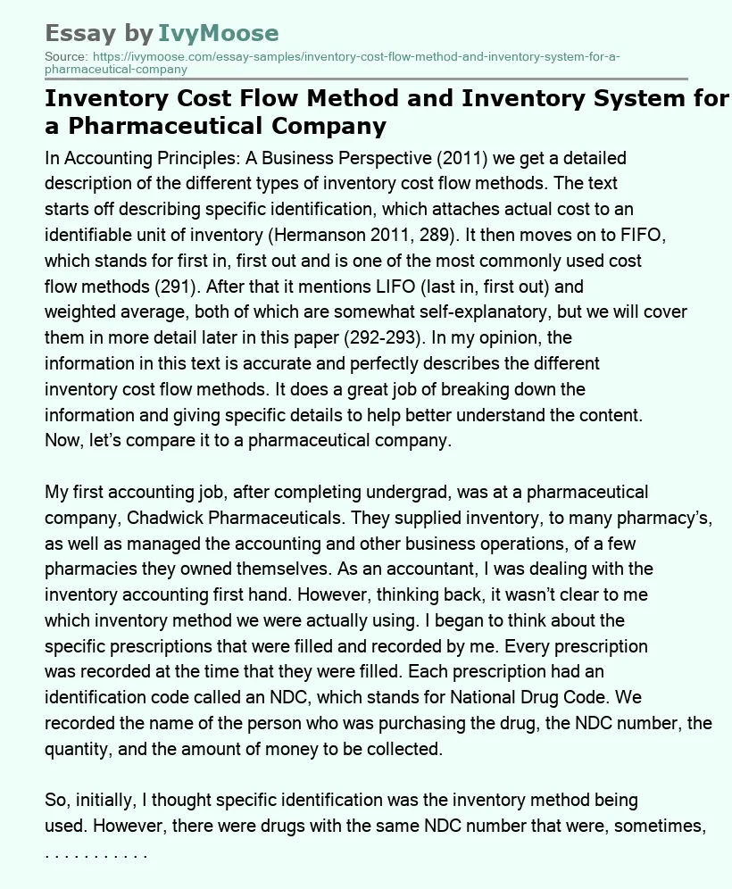 Inventory Cost Flow Method and Inventory System for a Pharmaceutical Company