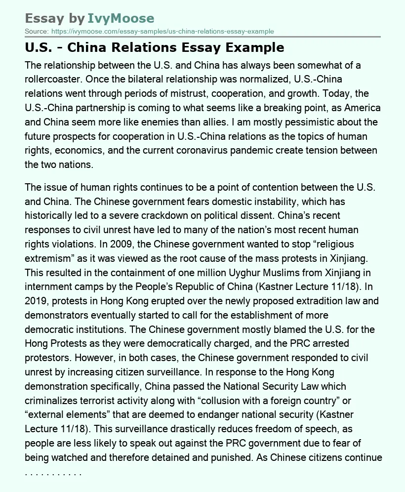 U.S. - China Relations Essay Example