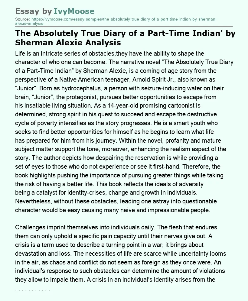 The Absolutely True Diary of a Part-Time Indian' by Sherman Alexie Analysis