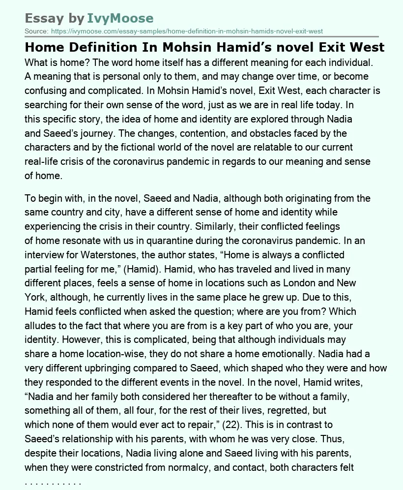 Home Definition In Mohsin Hamid’s novel Exit West
