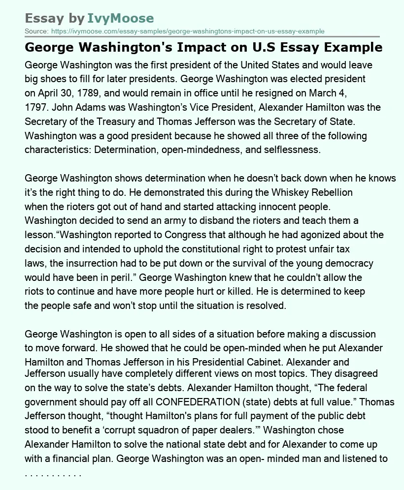 George Washington's Impact on U.S Essay Example