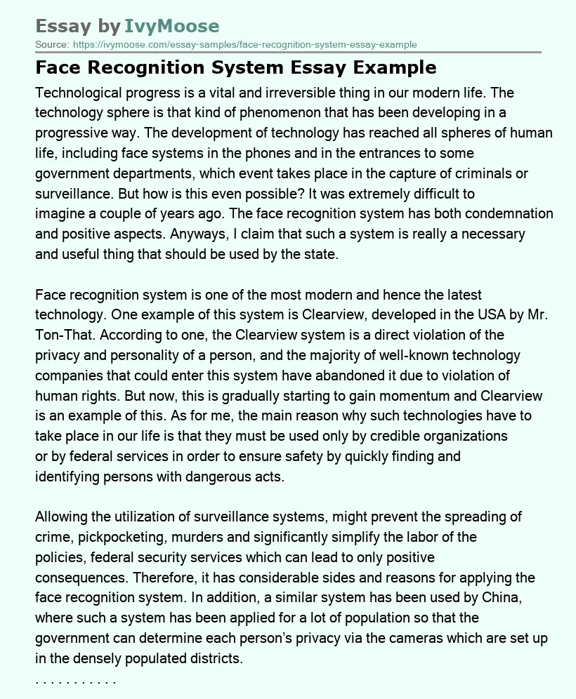 Face Recognition System Essay Example