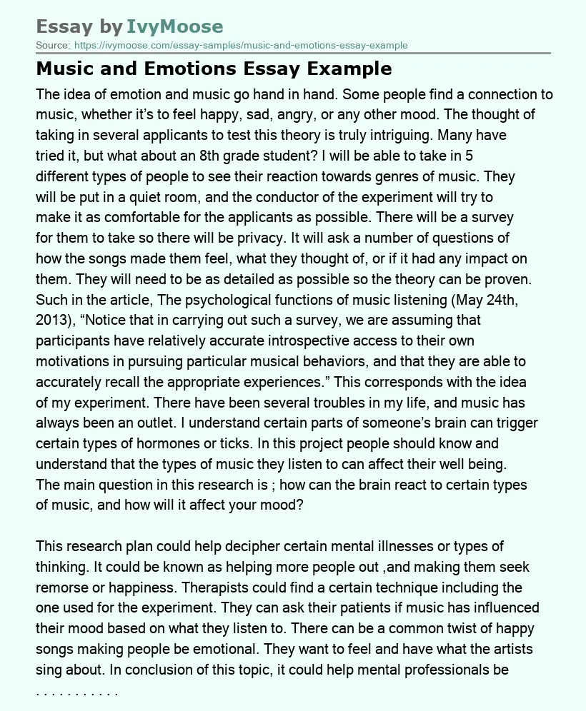 Music and Emotions Essay Example