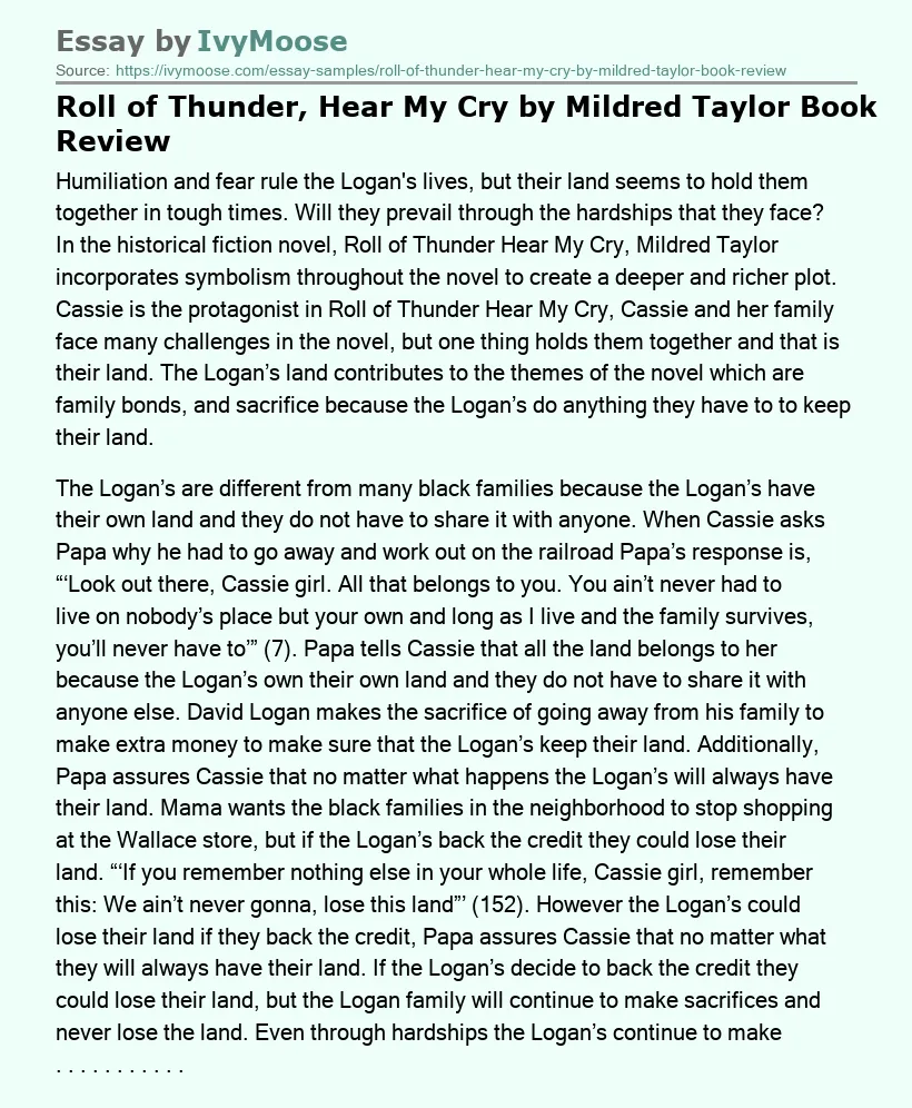Roll of Thunder, Hear My Cry by Mildred Taylor Book Review