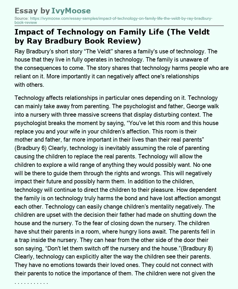 Impact of Technology on Family Life (The Veldt by Ray Bradbury Book Review)