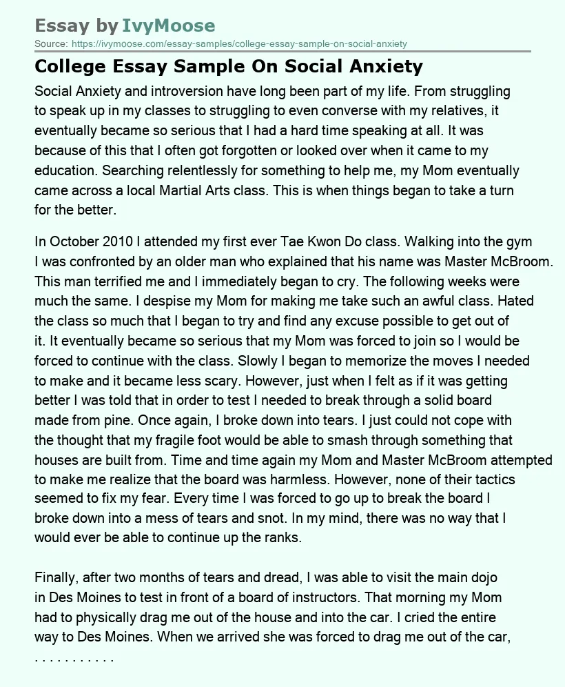 College Essay Sample On Social Anxiety