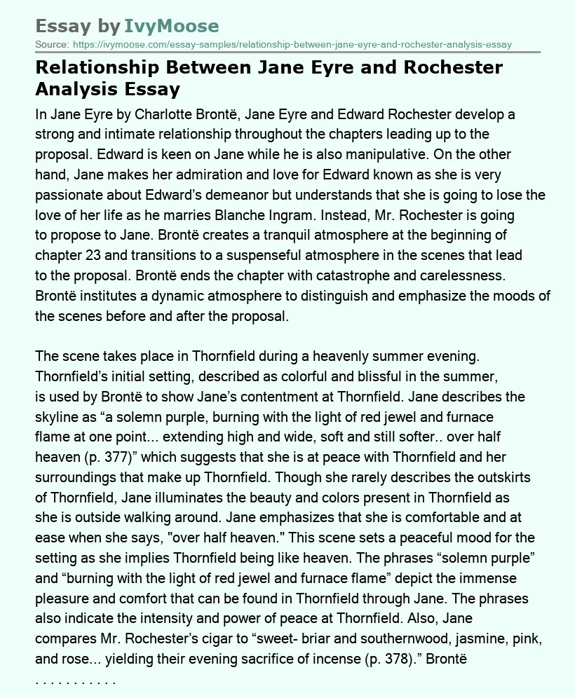 Relationship Between Jane Eyre and Rochester Analysis Essay