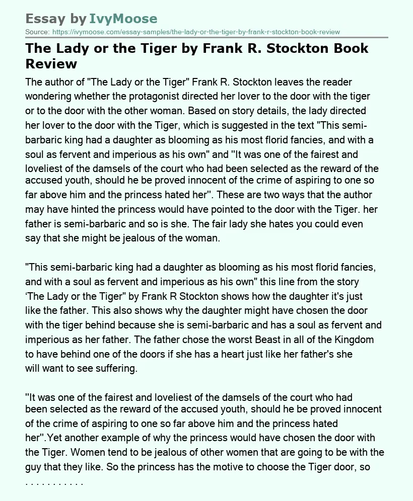 The Lady or the Tiger by Frank R. Stockton Book Review