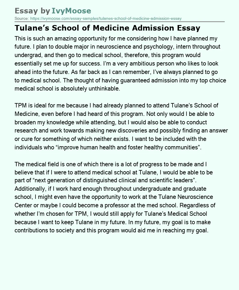 Tulane’s School of Medicine Admission Essay