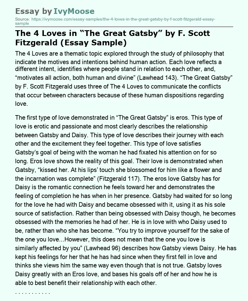 The 4 Loves in “The Great Gatsby” by F. Scott Fitzgerald (Essay Sample)