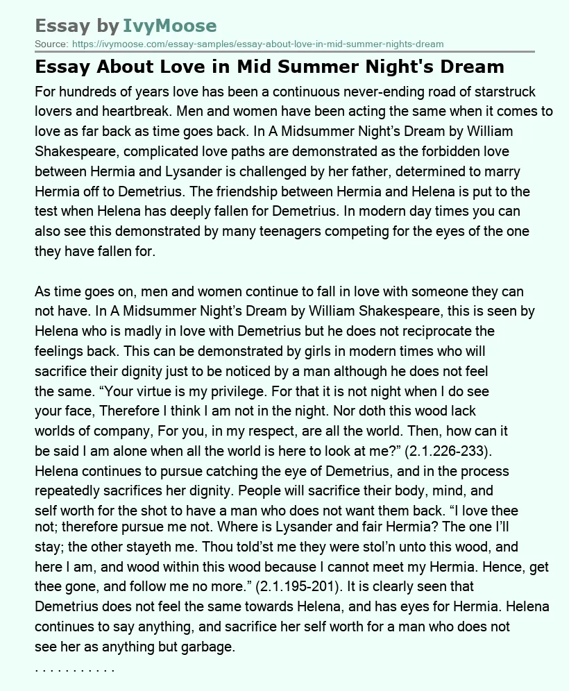 Essay About Love in Mid Summer Night's Dream