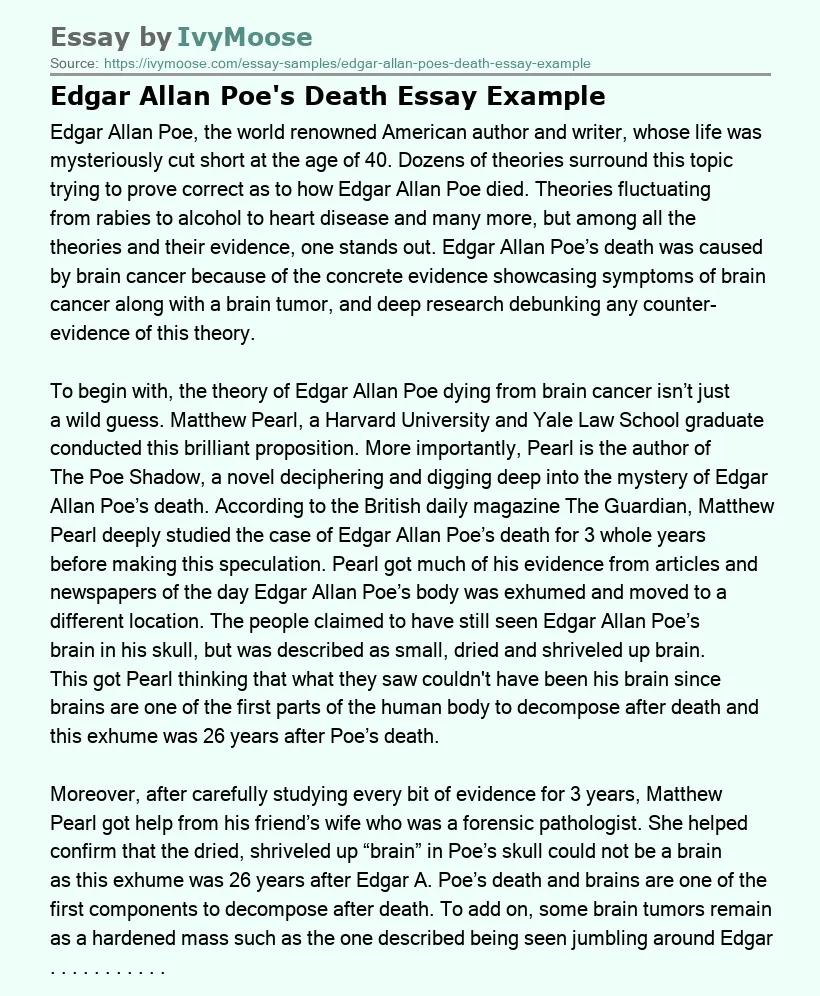 Edgar Allan Poe's Death Essay Example