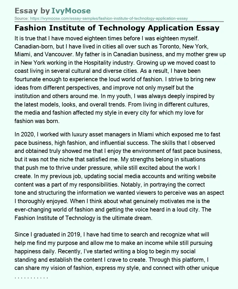 Fashion Institute of Technology Application Essay