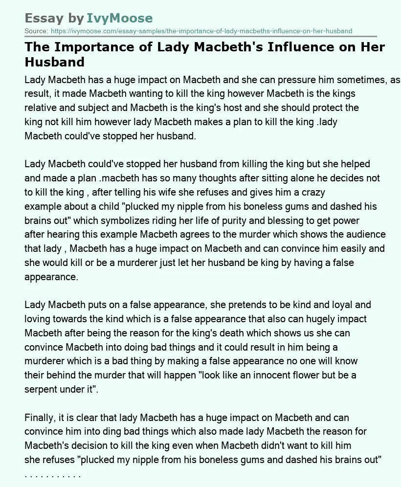 The Importance of Lady Macbeth's Influence on Her Husband