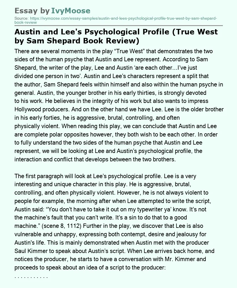 Austin and Lee's Psychological Profile (True West by Sam Shepard Book Review)