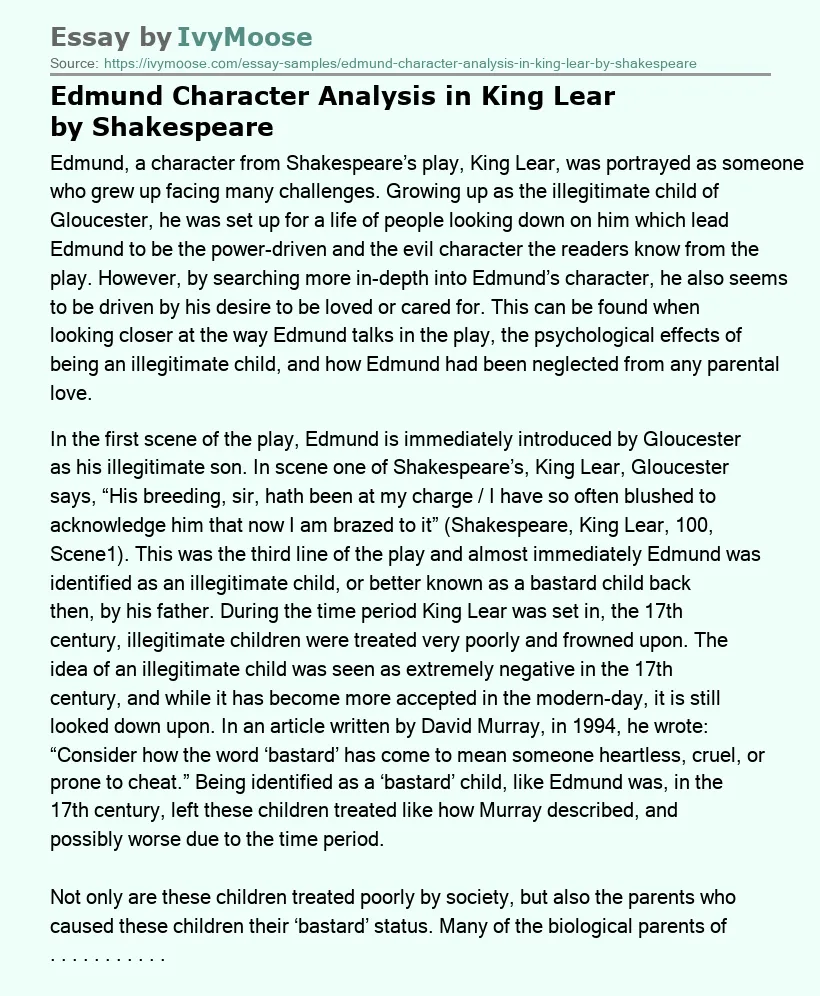 Edmund Character Analysis in King Lear by Shakespeare