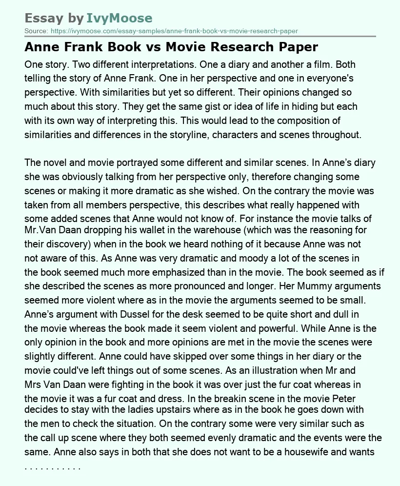 Anne Frank Book vs Movie Research Paper