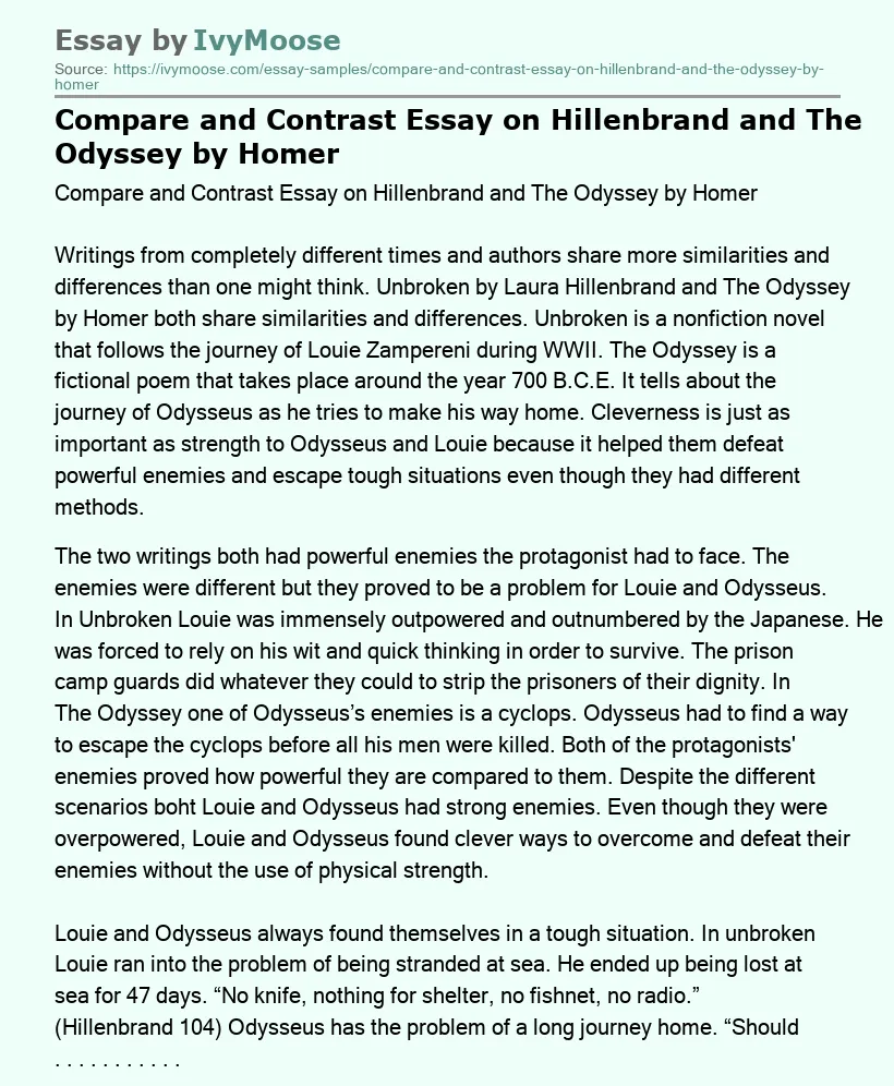 Compare and Contrast Essay on Hillenbrand and The Odyssey by Homer