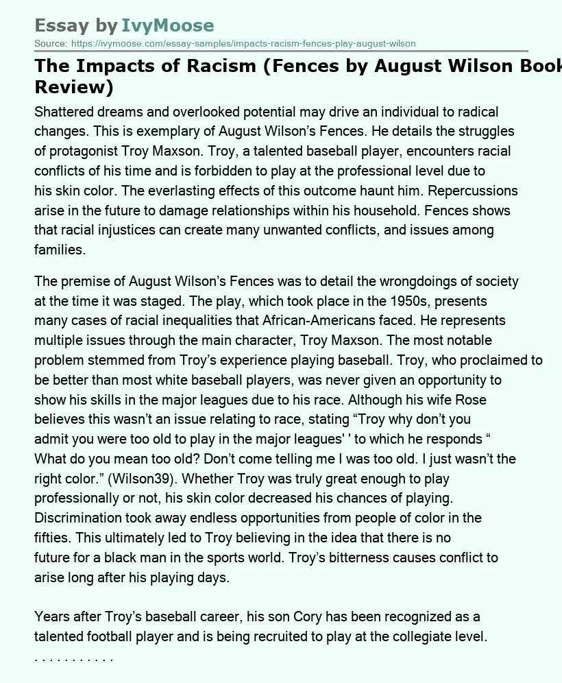 The Impacts of Racism (Fences by August Wilson Book Review)