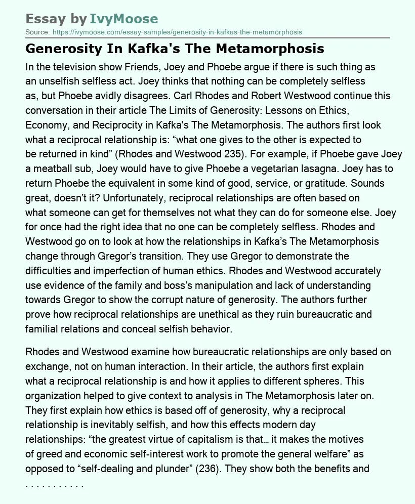 Generosity In Kafka's The Metamorphosis