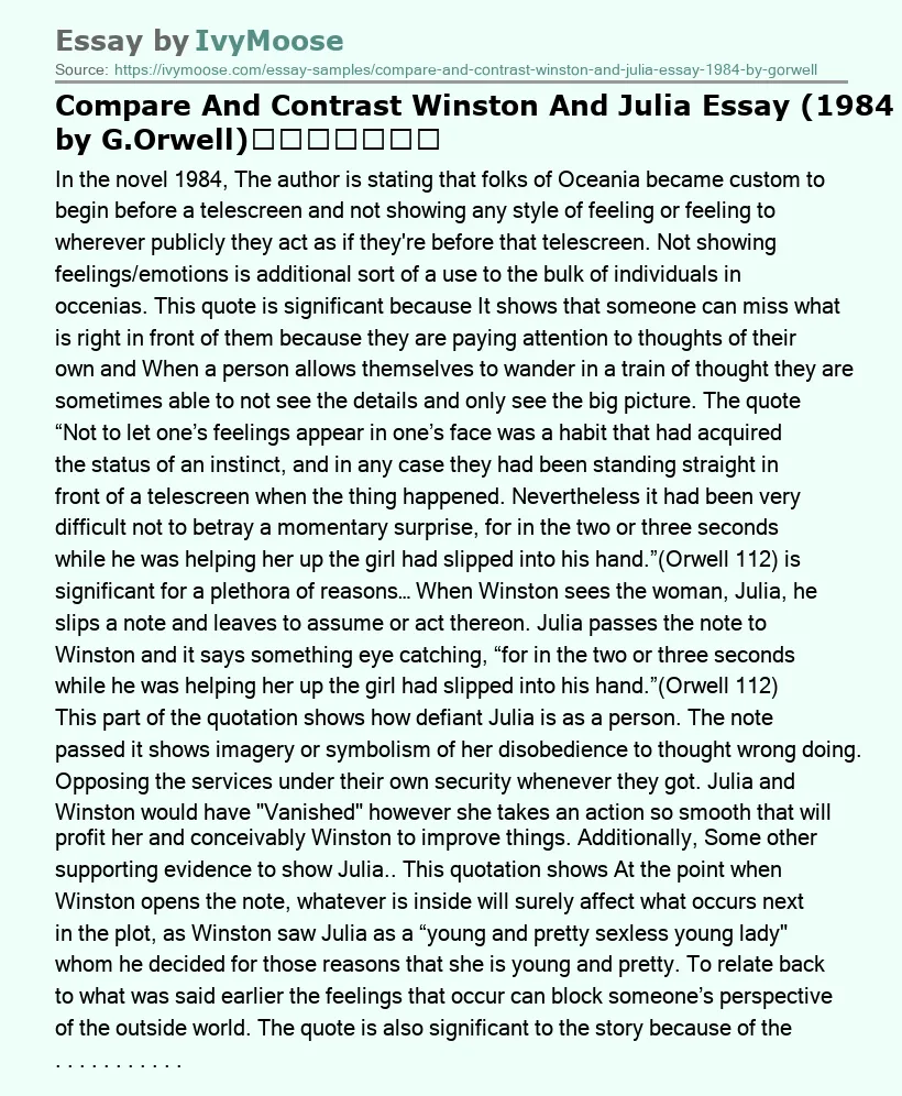 Compare And Contrast Winston And Julia Essay (1984 by G.Orwell)​​​​​​​
