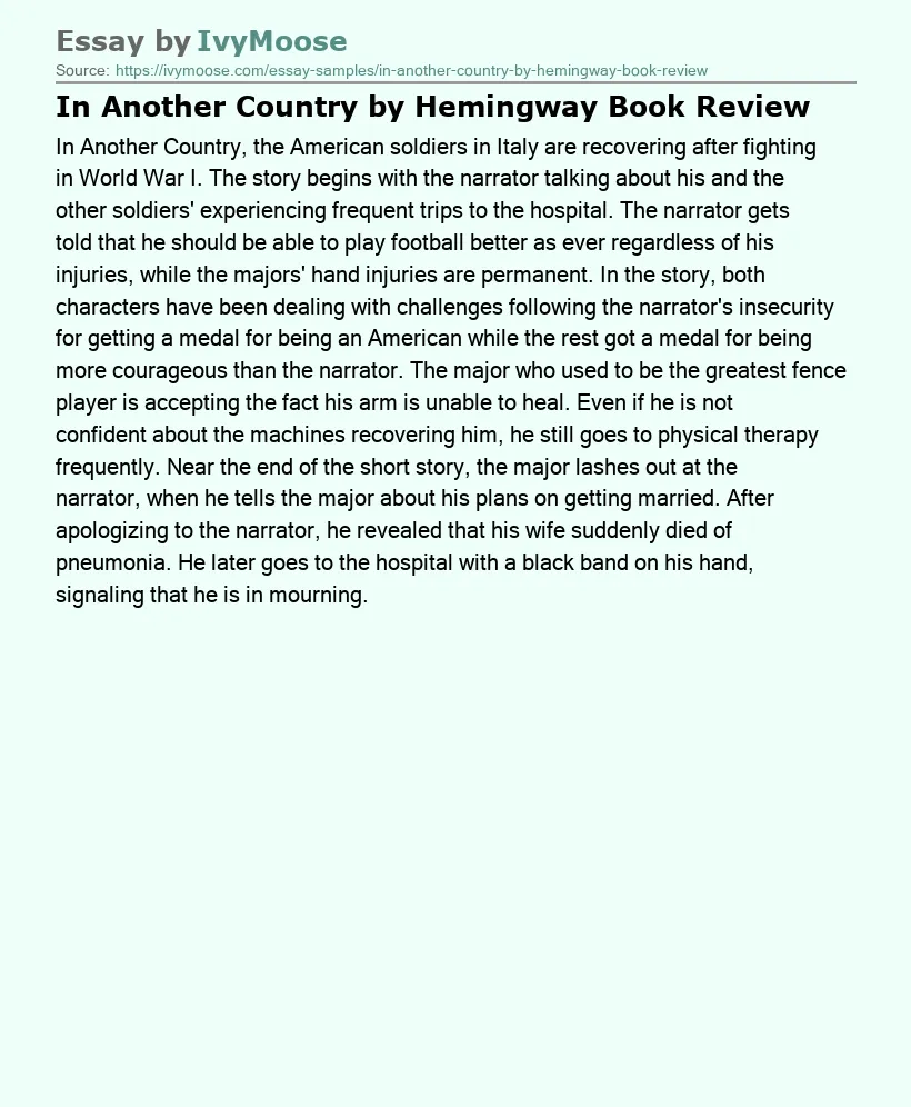 In Another Country by Hemingway Book Review