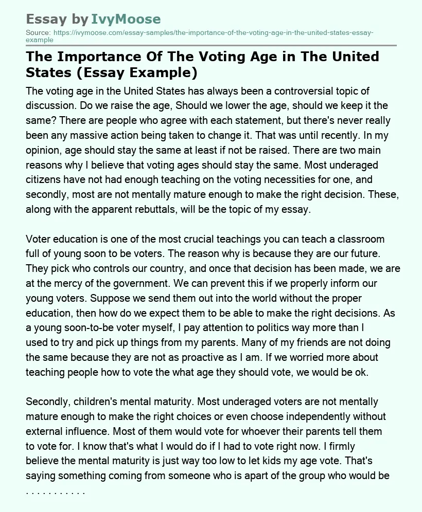 The Importance Of The Voting Age in The United States (Essay Example)