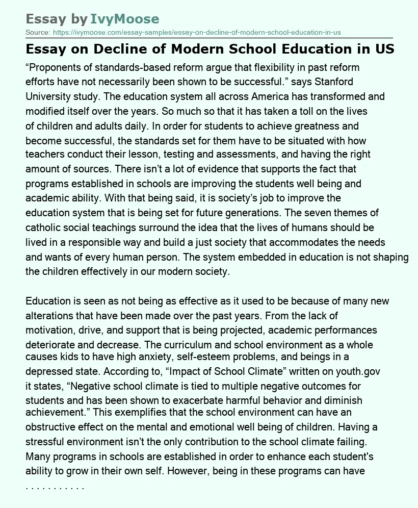 Essay on Decline of Modern School Education in US