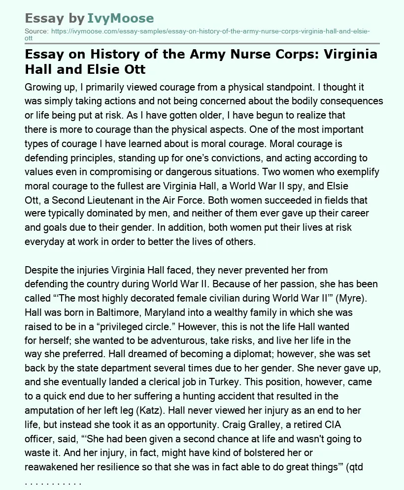 Essay on History of the Army Nurse Corps: Virginia Hall and Elsie Ott