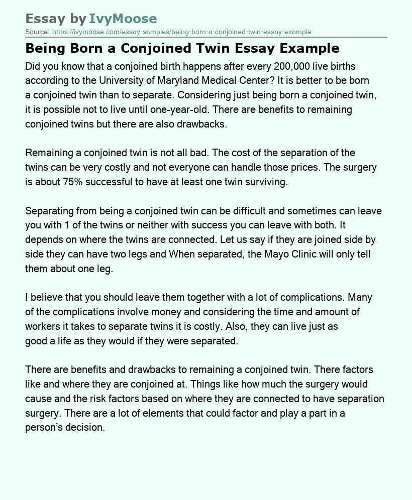Being Born a Conjoined Twin Essay Example