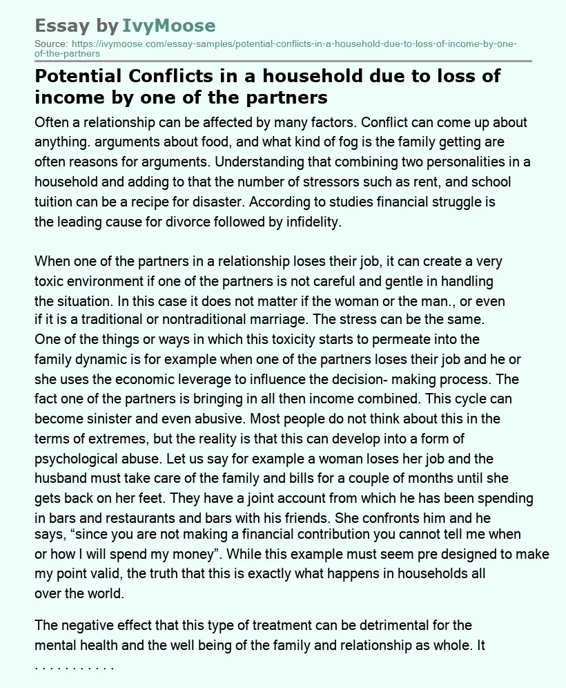 Potential Conflicts in a household due to loss of income by one of the partners