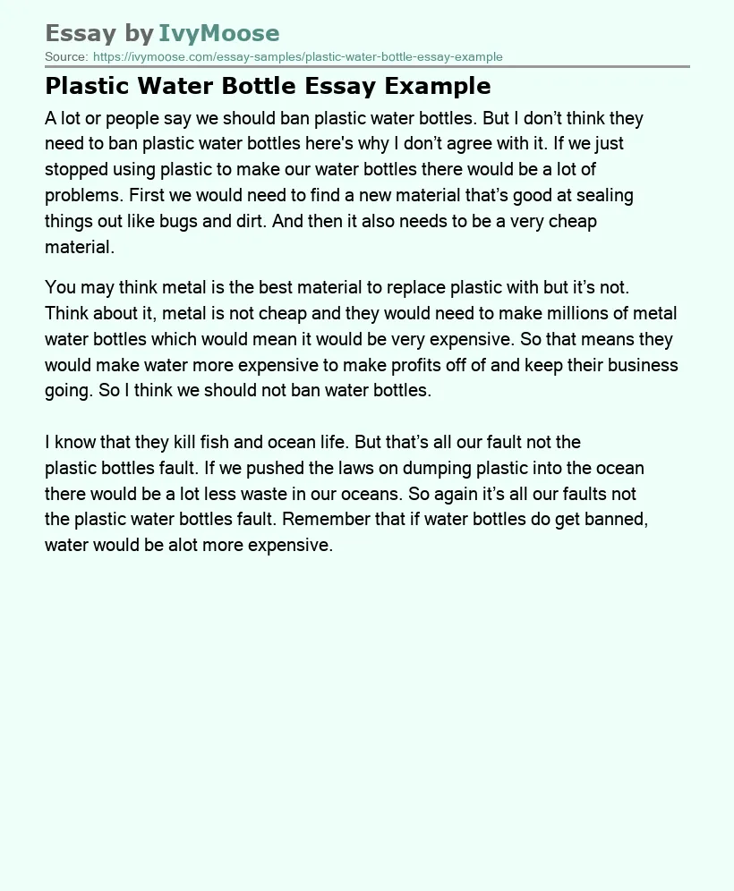 Plastic Water Bottle Essay Example