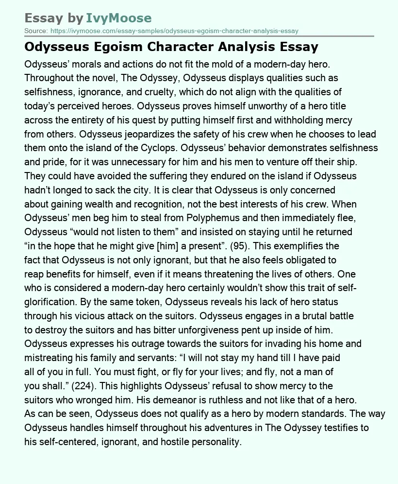 Odysseus Egoism Character Analysis Essay