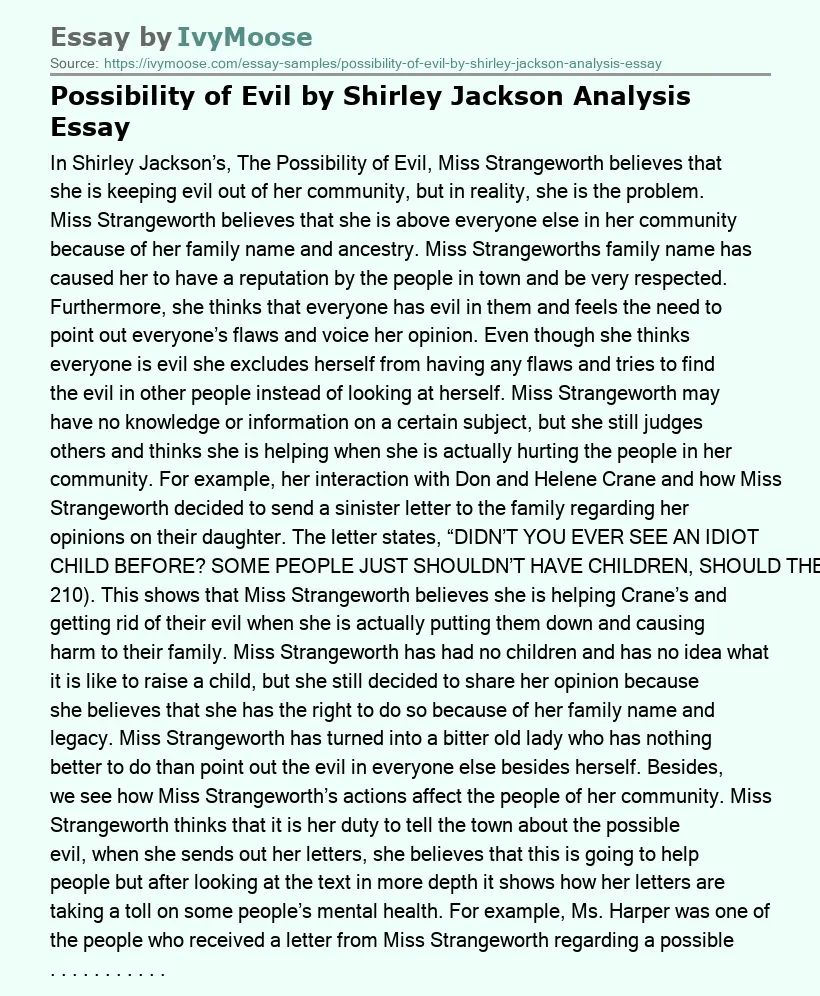 Possibility of Evil by Shirley Jackson Analysis Essay