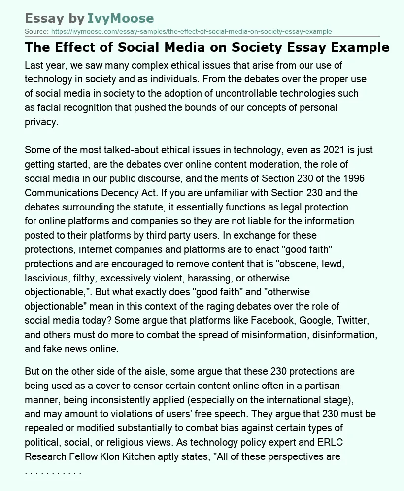 The Effect of Social Media on Society Essay Example